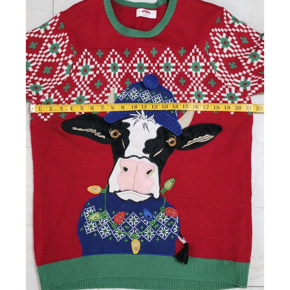 Holiday Time Ugly Christmas Cow Sweater L 42–44 3D Pom Pom - Picture 8 of 9